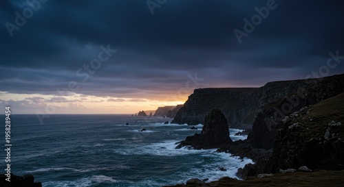 Dramatic Coastal Sunset: Rugged Cliffs and Turbulent Sea Under Stormy Sky.