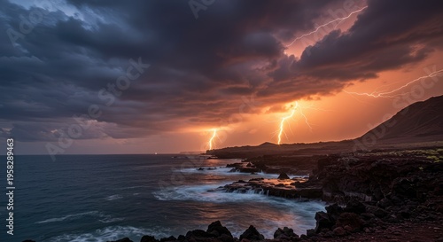 Dramatic Coastal Lightning Storm: Volcanic Shoreline Illuminated by Electric Sky