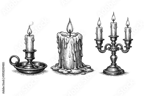 Vintage candle collection in black and white engraved illustration style with lantern candelabra skull candle and gothic wax decor