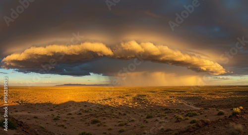 Dramatic Desert Storm: Golden Clouds and Rain Over Vast Landscape