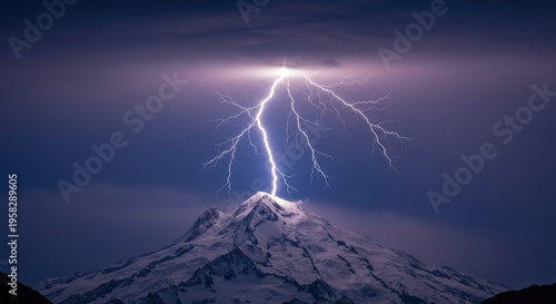 Dramatic Lightning Strike Illuminates Snowy Mountain Peak Under Dark Sky