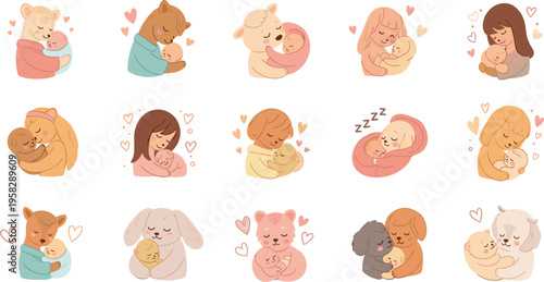 Cute mothers and animals with babies set, loving parent and child bonding moments, adorable nurturing scenes vector illustration for family, care and motherhood concept