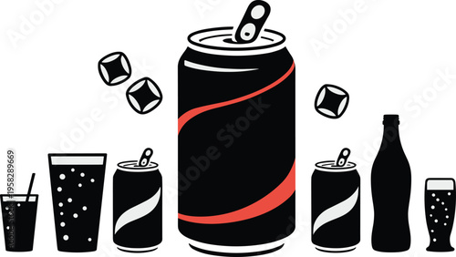 Minimalist Soda Can Illustration with Bold Red Accent. Modern Pop Art Soft Drink Can Vector Design.