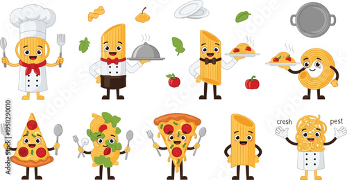 Cute pasta chef characters set with spaghetti, pizza and Italian dishes, funny cartoon food mascots cooking and serving meals vector illustration