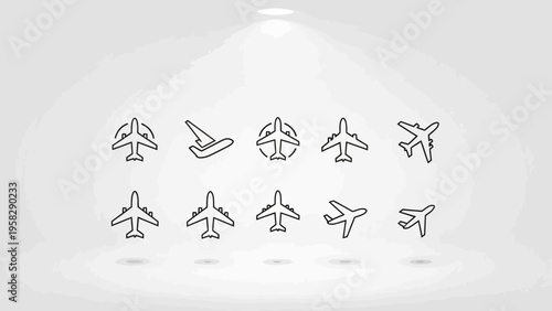 Set of various airplane icons in different positions on white background