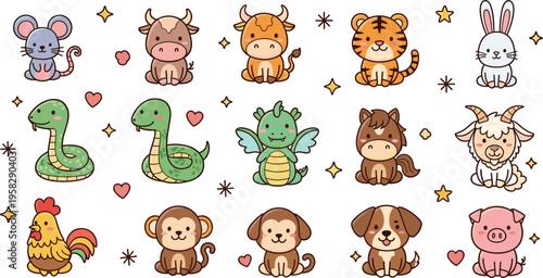 Cute zodiac animals cartoon set with mouse cow tiger rabbit dragon snake horse goat monkey rooster dog pig vector illustration collection