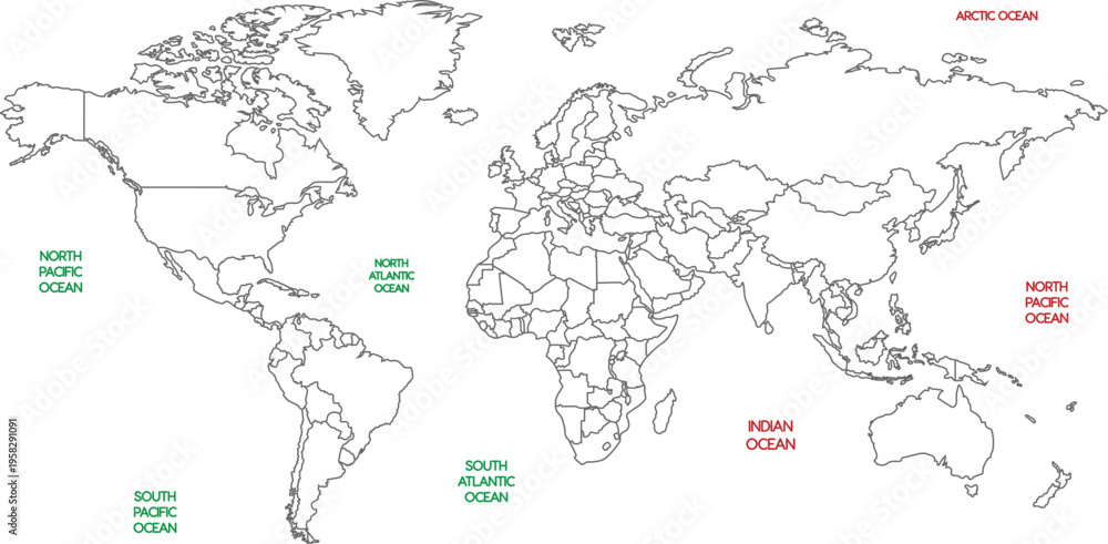 Fototapeta premium Simple World Map with Country Borders and Labeled Cities