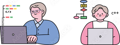 Diverse programming languages illustrated by two individuals working on laptops.