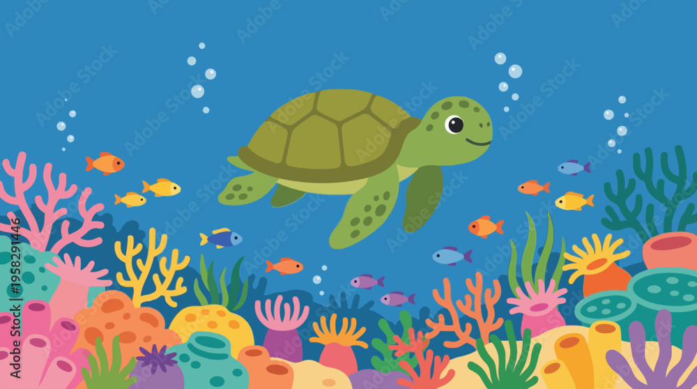 Fototapeta premium Green sea turtle swimming underwater ocean.