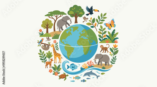 Earth surrounded by animals and plants.