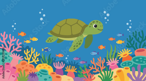 Green sea turtle swimming underwater ocean.