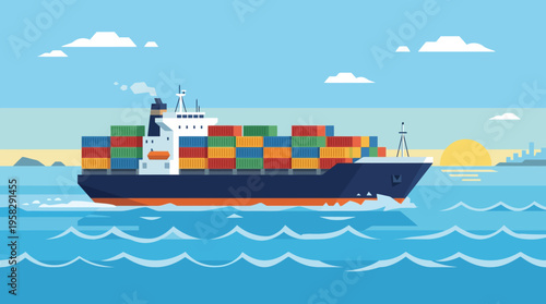 Large Cargo Ship Sailing Ocean.