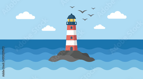 Lighthouse standing on rocky sea island.