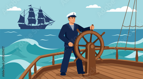 Sailor steering ship wheel on deck.