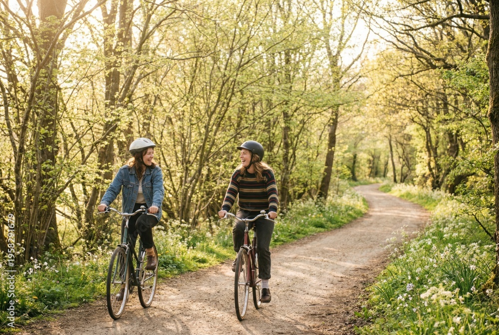 Naklejka premium Friends Cycling on Forest Path in Warm Spring Light.