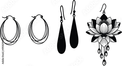 Collection of Hand Drawn Earring Vector Illustrations Featuring Bohemian Lotus Flowers Minimalist Teardrop Shapes and Elegant Multi Layered Hoop Earrings