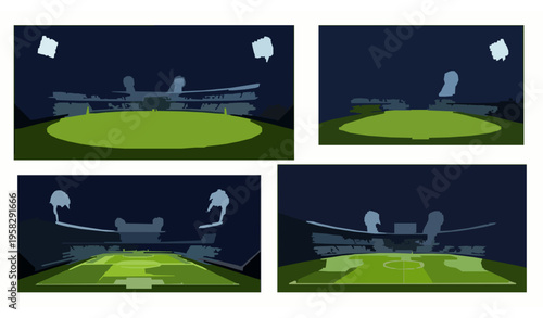 Night stadium vector set with cricket and football illuminated sports arenas