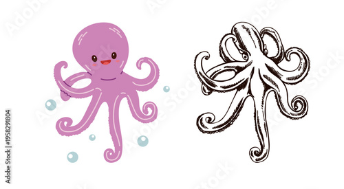 Cute hand drawn marine octopus in flat and vintage line style ocean aquatic animal vector illustration underwater