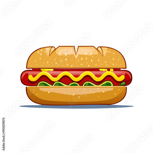 Juicy Hot Dog with Mustard and Relish Illustration