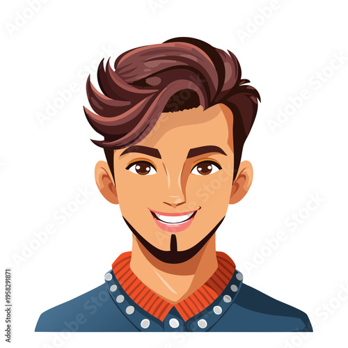 Cartoon smiling man with stylish brown hair and a goatee wearing a collared jacket