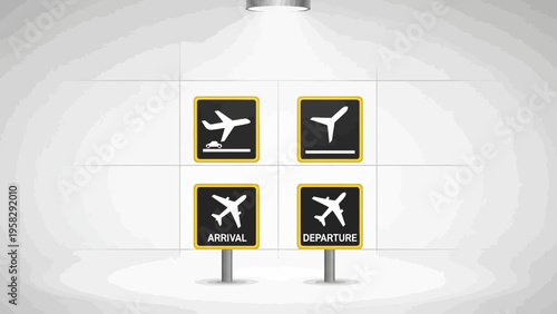 Airport signage arrival and departure icons on illuminated display