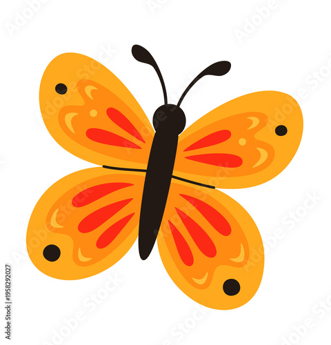 Cartoon orange butterfly. Funny spring insects.