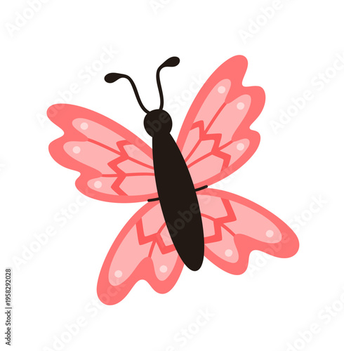 Colorful pink butterfly. Funny spring insects.