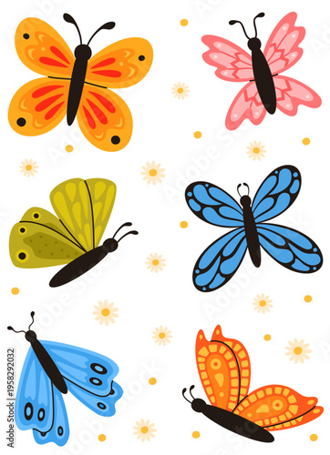 Colorful butterflies with multicolored wings. Spring insects.