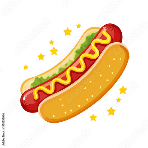 Delicious Hot Dog with Mustard and Lettuce Surrounded by Yellow Stars