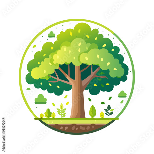 Vibrant Green Tree Illustration with Lush Foliage and Earth Elements