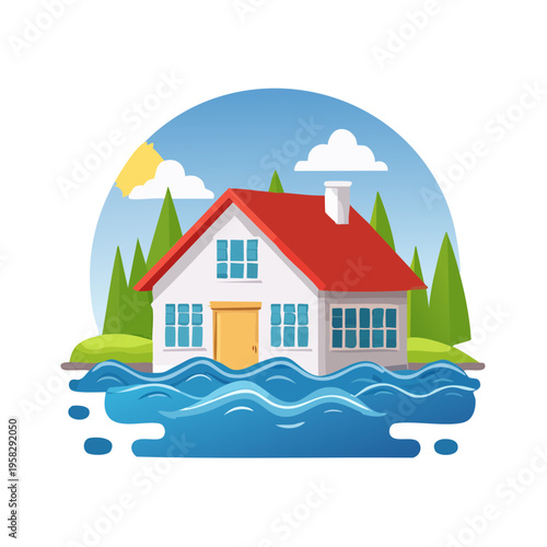 House Surrounded by Flooding Water Natural Disaster Scene Illustration