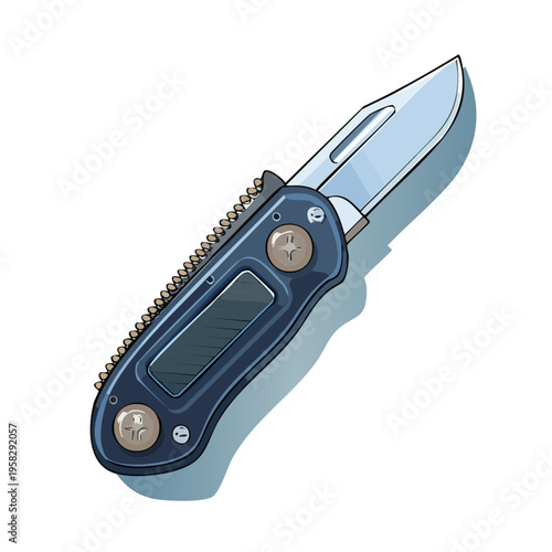 Detailed illustration of an opened pocket knife with a blue handle and silver blade