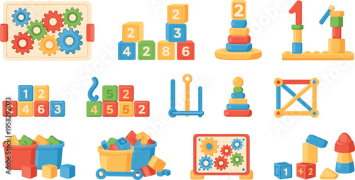 Kids educational toys set with blocks, stacking rings and construction games, colorful learning tools for early childhood development vector illustration collection