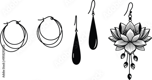 Elegant black vector earring set featuring minimalist triple hoop designs, classic teardrop dangles, and intricate bohemian lotus flower chandelier jewelry illustrations