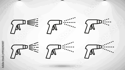 Spray bottle icons with liquid streams on a plain background
