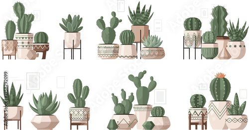 Indoor cactus and succulent plants set with decorative pots, home garden collection for interior design, modern houseplants arrangement vector illustration