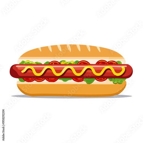 Juicy Hot Dog with Mustard Lettuce and Tomato Slices in a Bun