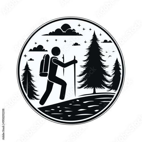 Iconic hiker with backpack and pole ascends forest mountain landscape under cloudy sky