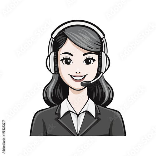 Friendly cartoon woman customer service agent with headset and professional suit smiling