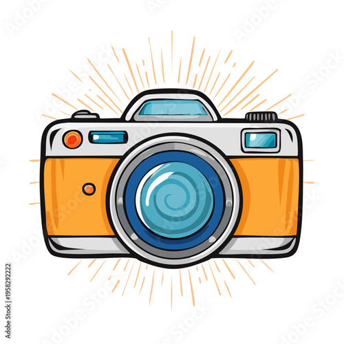 Retro style camera with orange body and sunburst effect