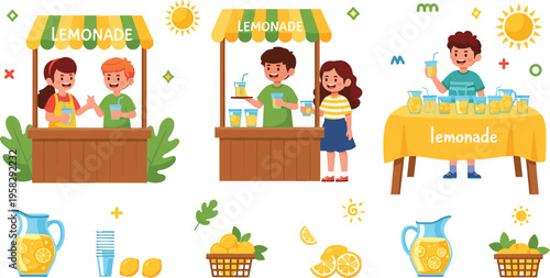 Lemonade stand kids selling fresh juice set with summer drink market stall and citrus fruits cartoon vector illustration collection