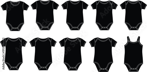 Set of baby bodysuit vector icons with various necklines including envelope neck, round neck, and sleeveless tank top styles for infants