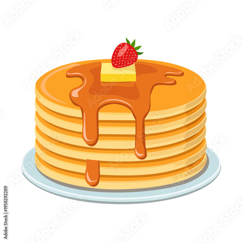 Stack of golden pancakes with melting butter syrup and fresh strawberry on top