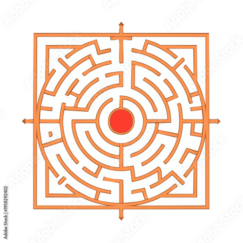 Complex circular maze with red center and orange pathways on a white background