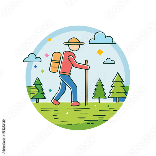 Person with backpack hiking and using walking stick in green outdoor landscape with trees and clouds