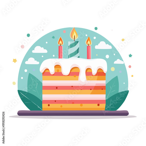 Festive layered birthday cake with colorful frosting and lit candles in a cheerful celebration