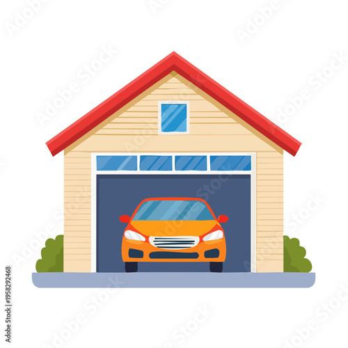 Illustration of a detached garage with an orange car parked inside