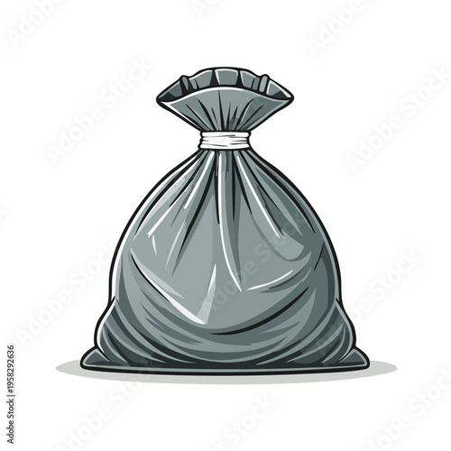 Full gray garbage bag tied shut with a white string standing upright