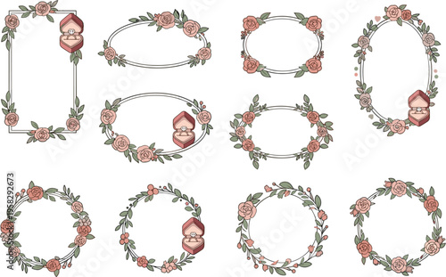 Collection of elegant hand drawn floral frames and wreaths with roses and engagement rings for romantic wedding invitation designs