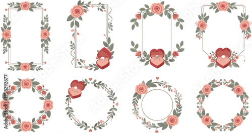 Elegant floral frame collection with rose wreaths and diamond engagement rings in heart boxes for wedding invitations and romantic designs